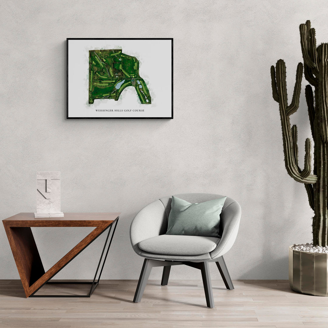 Classic Map of Weissinger Hills Golf Course in a living room with large cactus plant