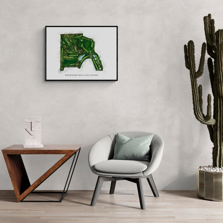 Classic Map of Weissinger Hills Golf Course in a living room with large cactus plant