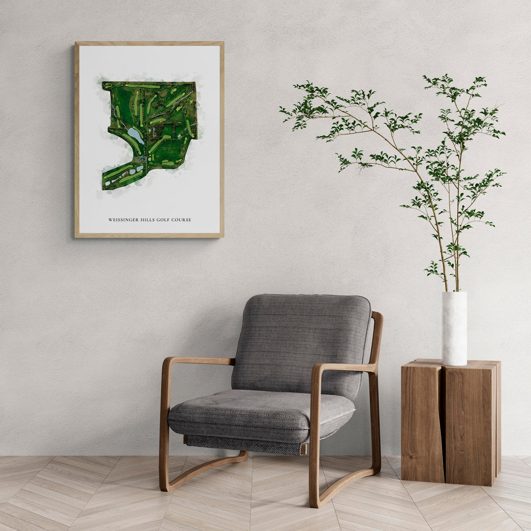 Classic Map of Weissinger Hills Golf Course with a comfy armchair and large plant