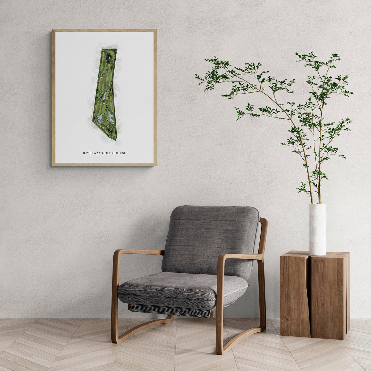 Classic Map of Riverway Golf Course with a comfy armchair and large plant
