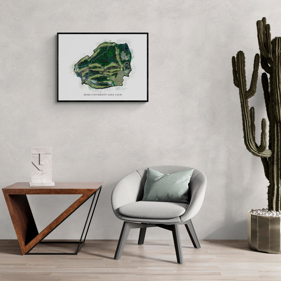 Classic Map of Duke University Golf Club in a living room with large cactus plant