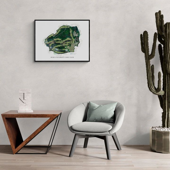 Classic Map of Duke University Golf Club in a living room with large cactus plant