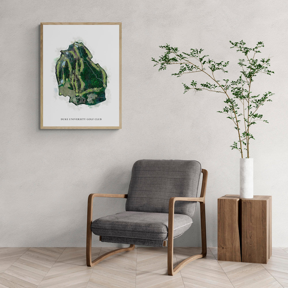 Classic Map of Duke University Golf Club with a comfy armchair and large plant
