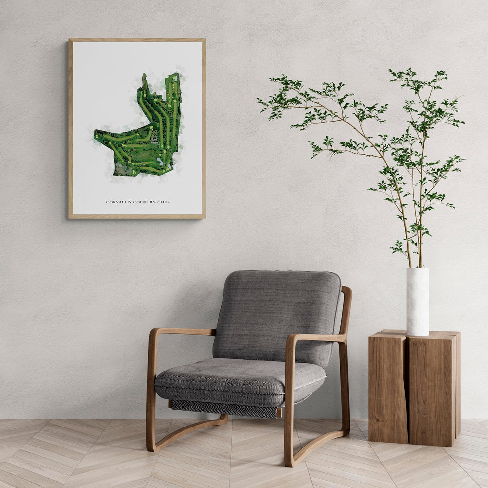 Classic Map of Corvallis Country Club with a comfy armchair and large plant
