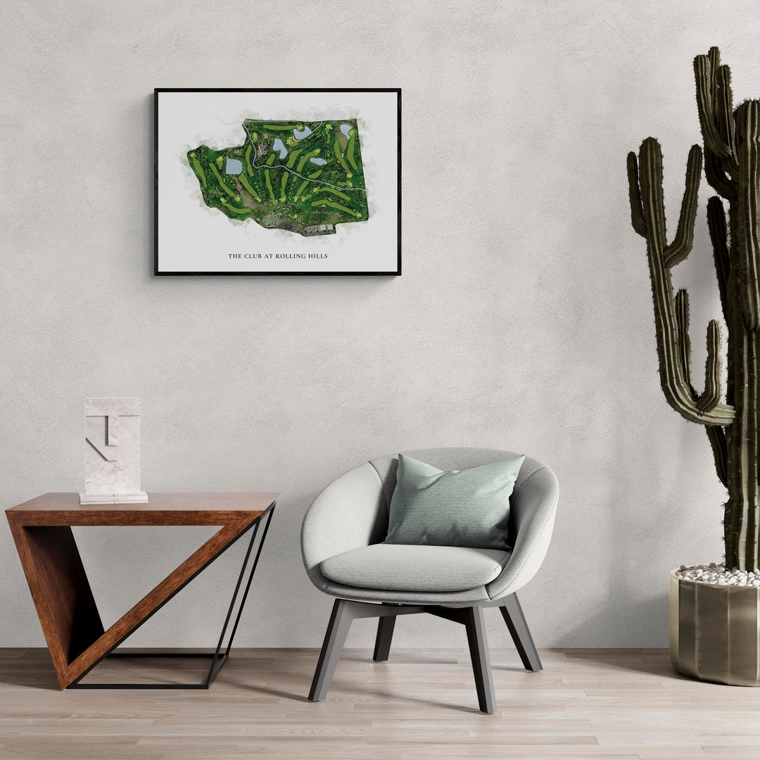 Classic Map of The Club At Rolling Hills in a living room with large cactus plant