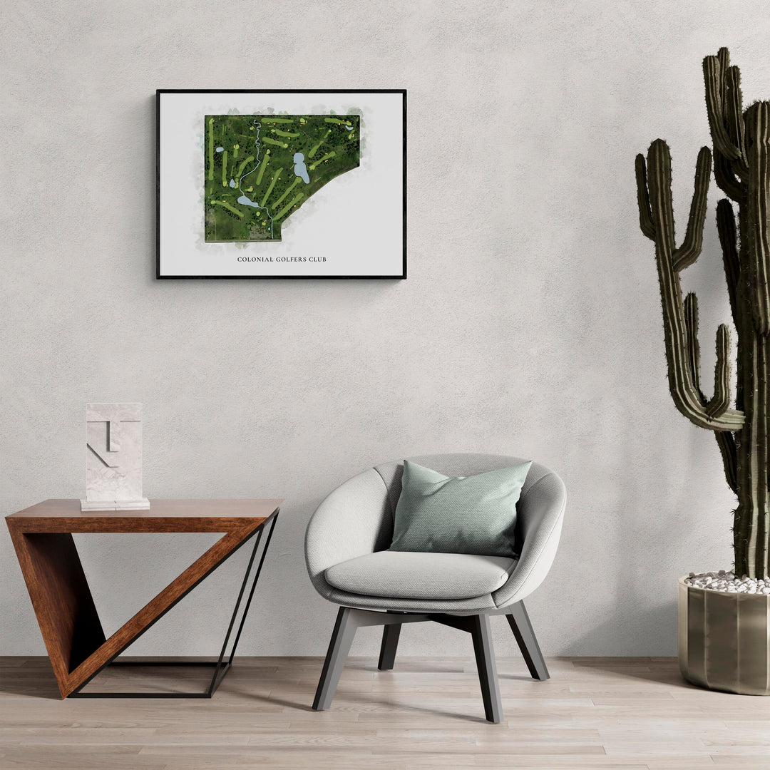 Classic Map of Colonial Golfers Club in a living room with large cactus plant