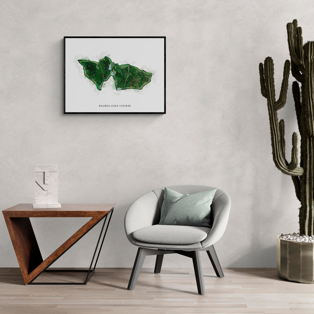 Classic Map of Balboa Golf Course in a living room with large cactus plant