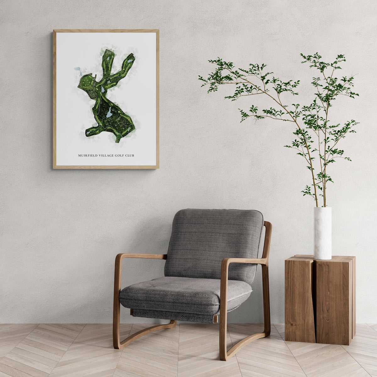 Classic Map of Muirfield Village Golf Club with a comfy armchair and large plant