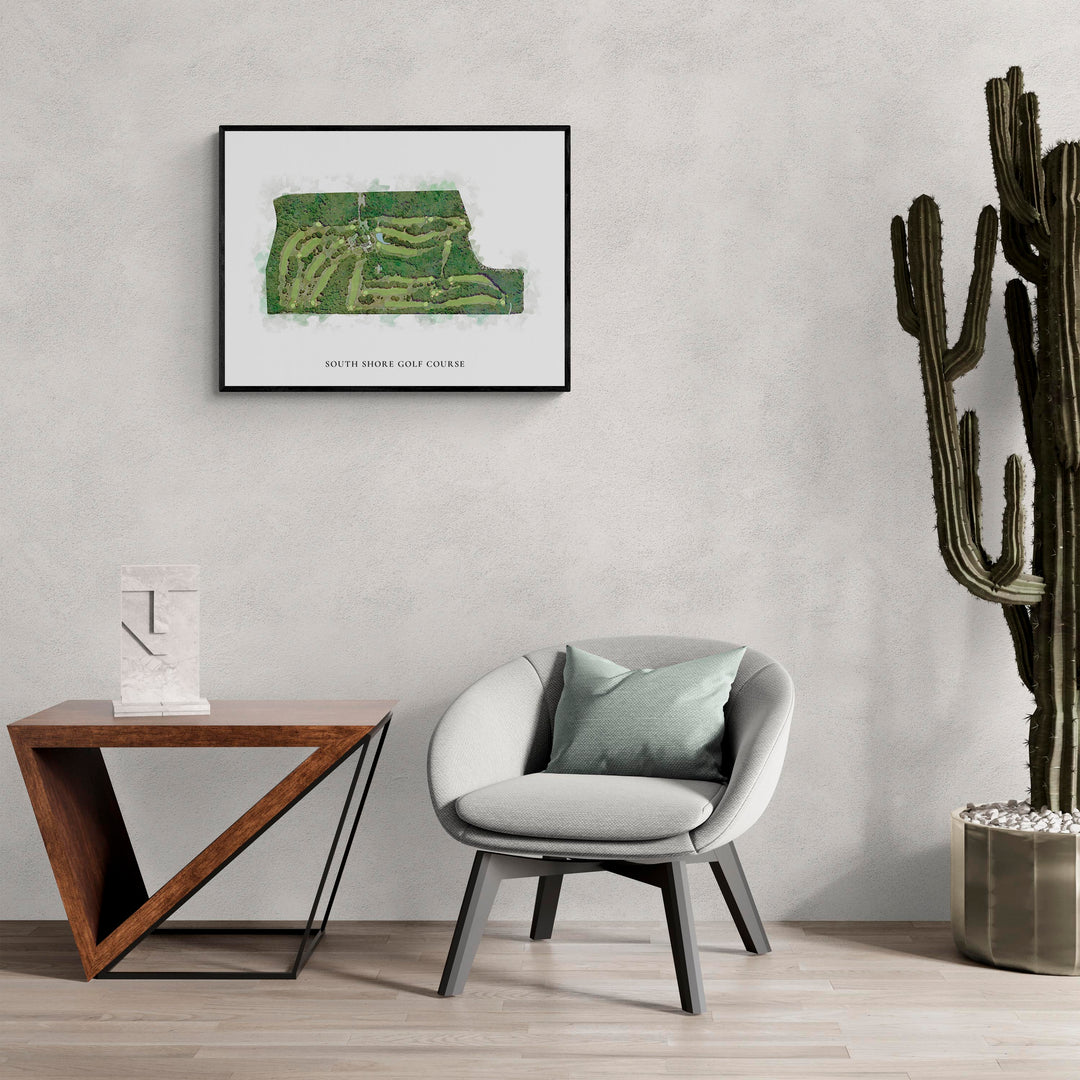 Classic Map of South Shore Golf Course in a living room with large cactus plant