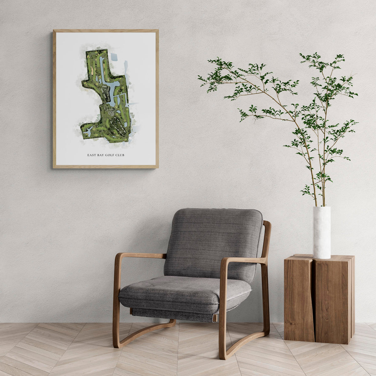 Classic Map of East Bay Golf Club with a comfy armchair and large plant