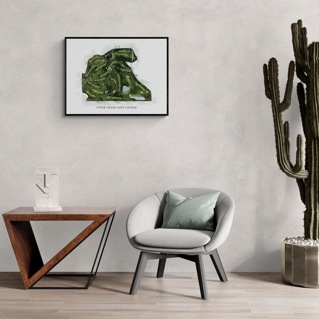 Classic Map of Otter Creek Golf Course in a living room with large cactus plant