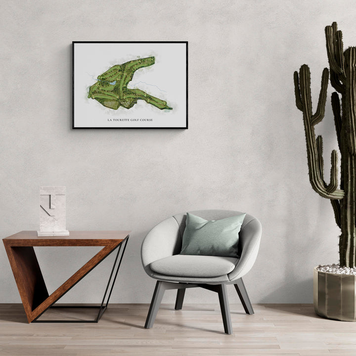 Classic Map of La Tourette Golf Course in a living room with large cactus plant