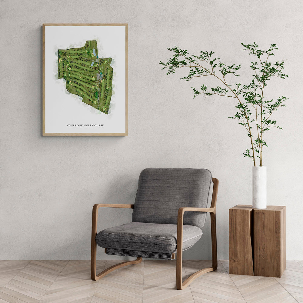 Classic Map of Overlook Golf Course with a comfy armchair and large plant