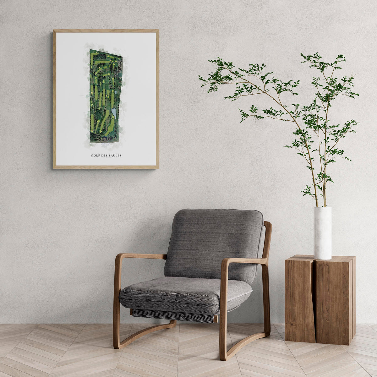 Classic Map of Golf Des Saules with a comfy armchair and large plant