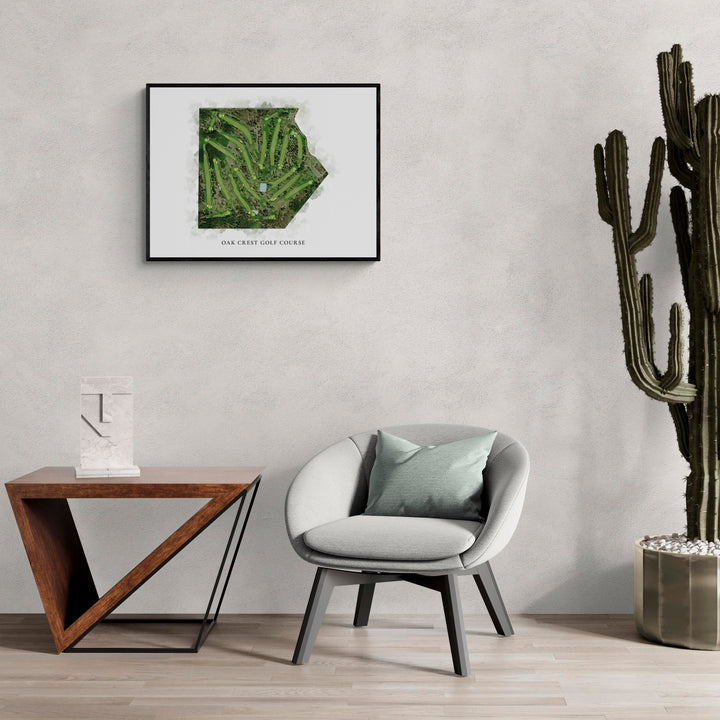 Classic Map of Oak Crest Golf Course in a living room with large cactus plant