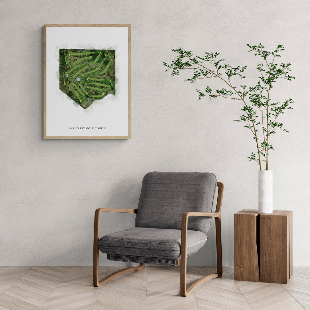 Classic Map of Oak Crest Golf Course with a comfy armchair and large plant