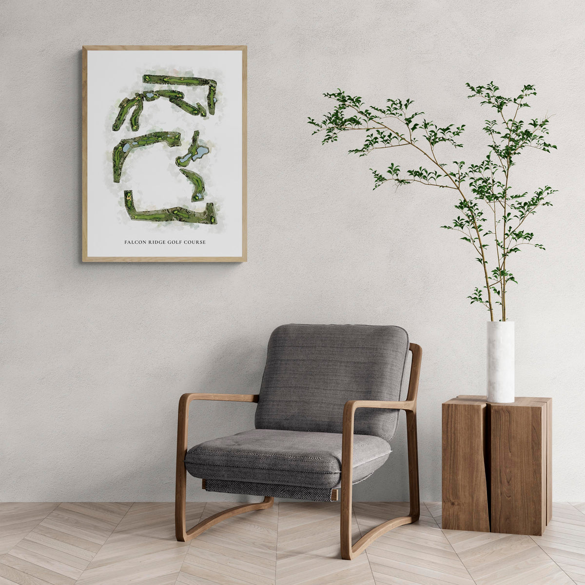 Classic Map of Falcon Ridge Golf Course with a comfy armchair and large plant