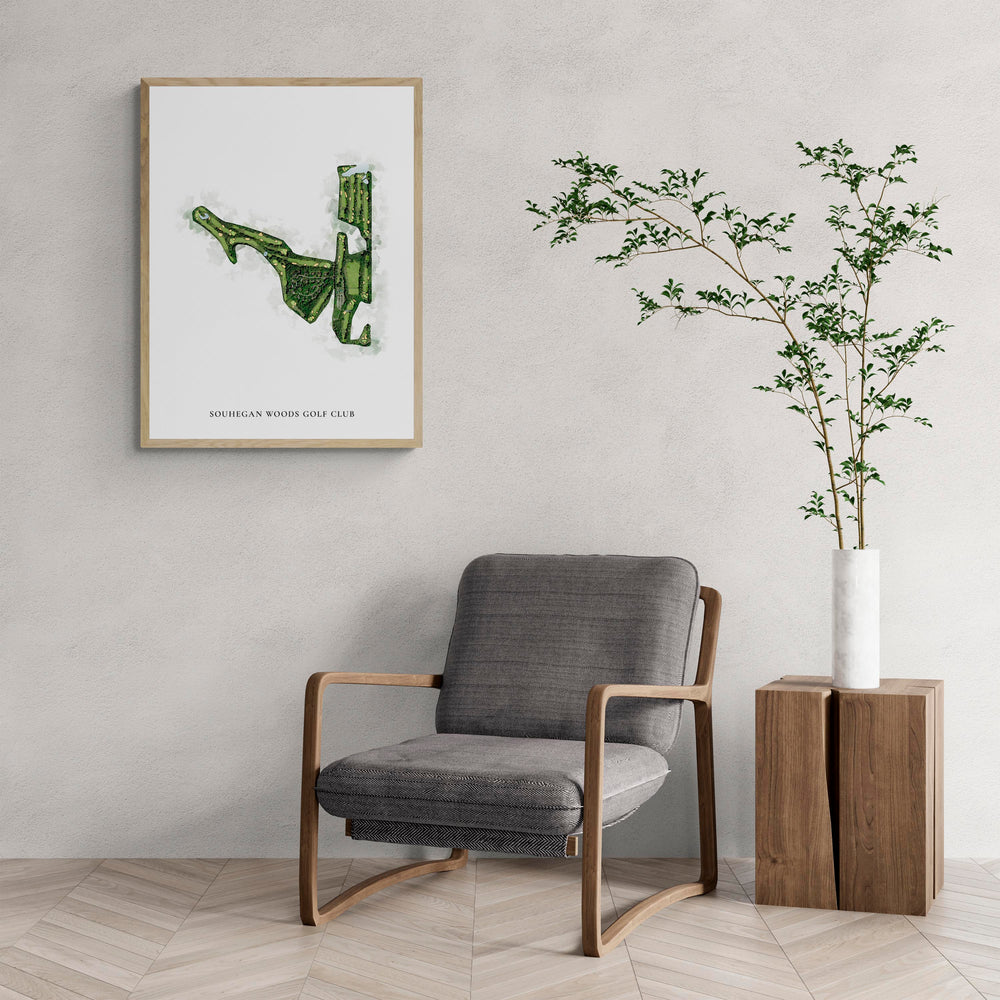 Classic Map of Souhegan Woods Golf Club with a comfy armchair and large plant