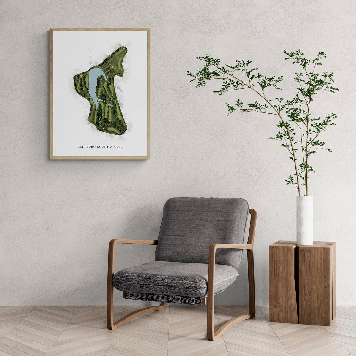 Classic Map of Asheboro Country Club with a comfy armchair and large plant
