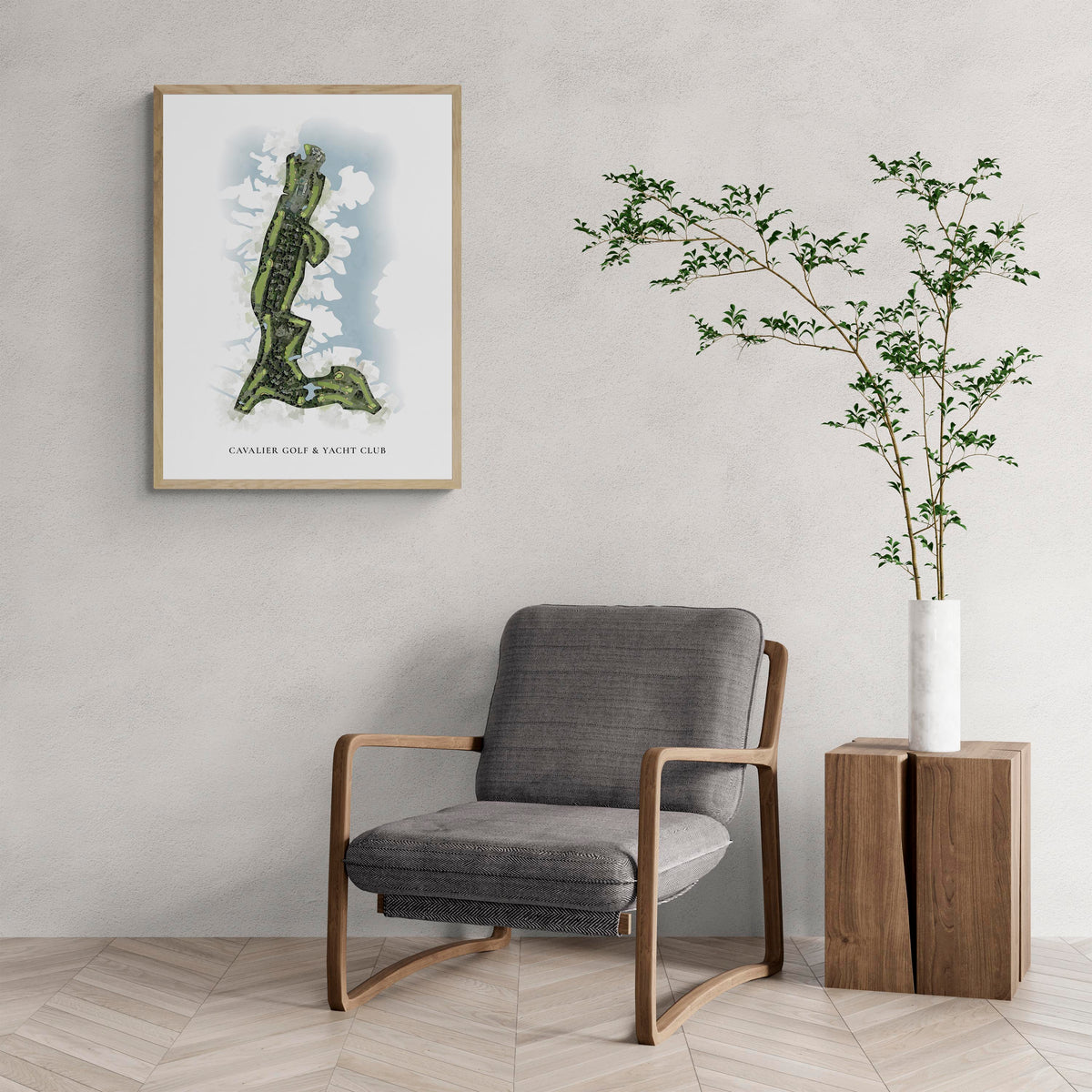 Classic Map of Cavalier Golf & Yacht Club with a comfy armchair and large plant