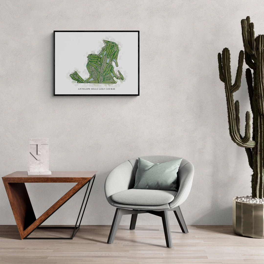 Classic Map of Antelope Hills Golf Course in a living room with large cactus plant