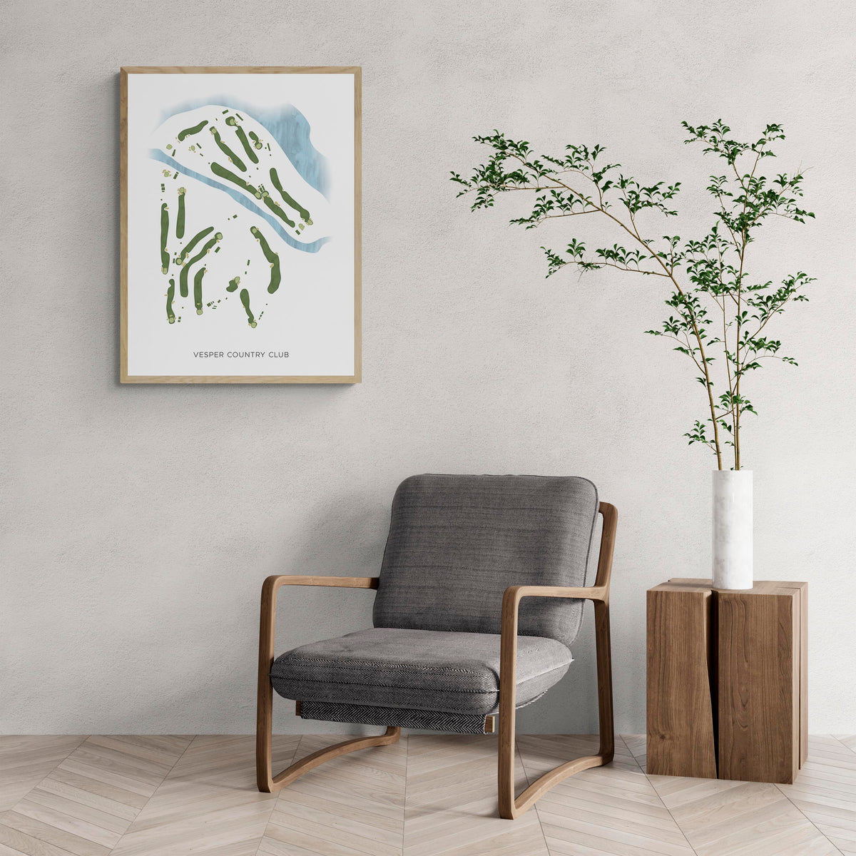 Modern Map of Vesper Country Club with a comfy armchair and large plant
