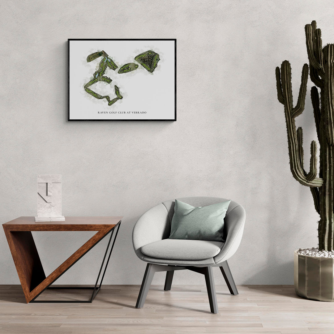 Classic Map of Raven Golf Club At Verrado in a living room with large cactus plant