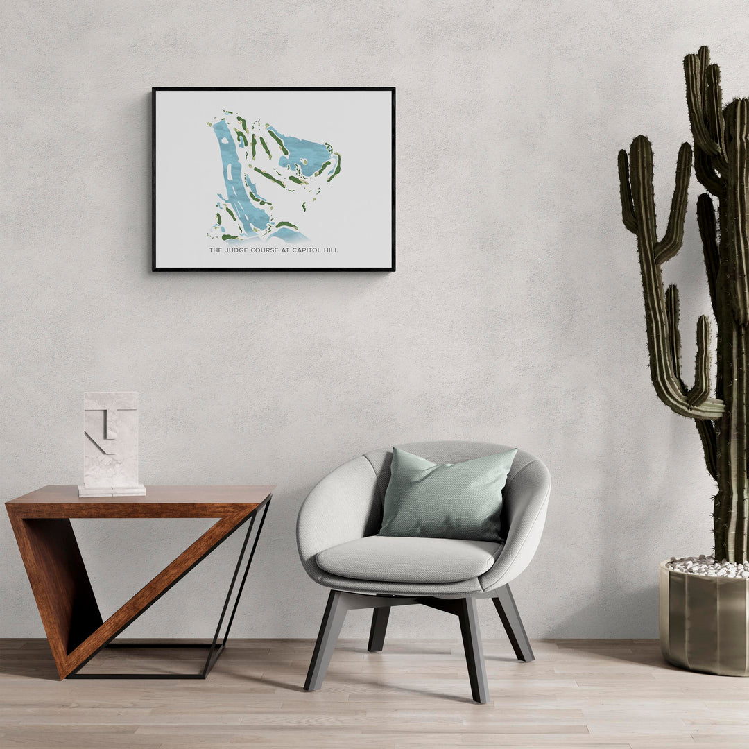 Modern Map of The Judge Course At Capitol Hill in a living room with large cactus plant
