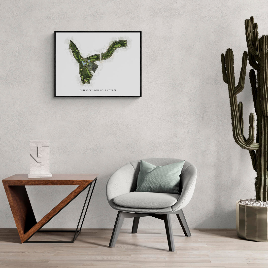 Classic Map of Desert Willow Golf Course in a living room with large cactus plant