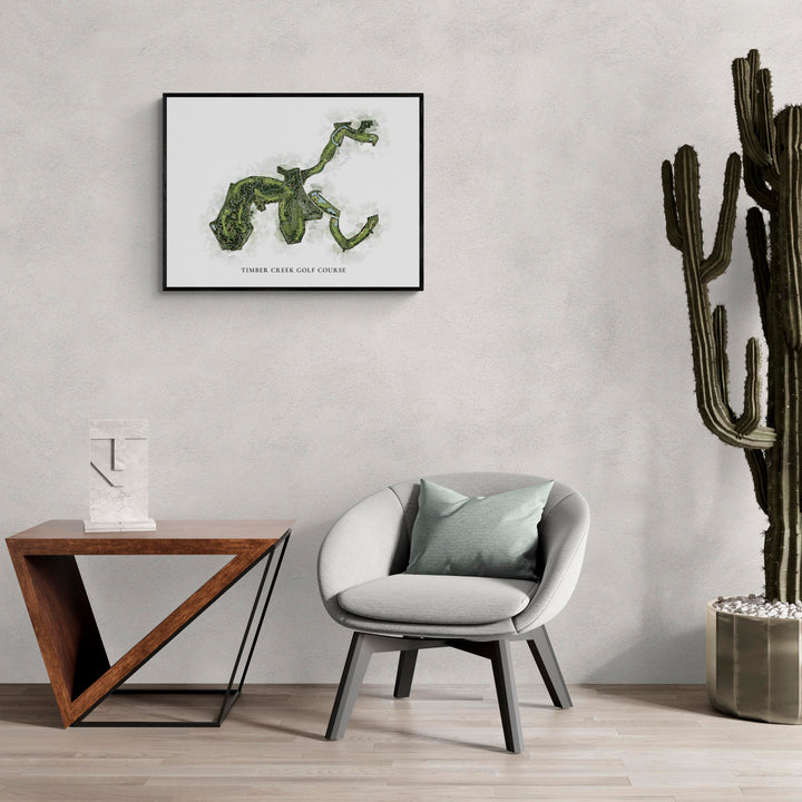Classic Map of Timber Creek Golf Course in a living room with large cactus plant