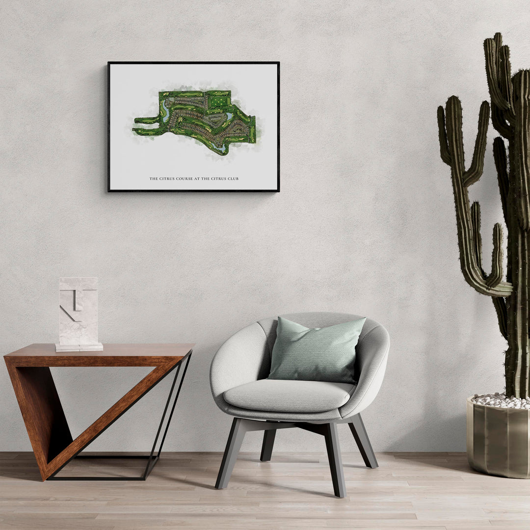 Classic Map of The Citrus Course At The Citrus Club in a living room with large cactus plant