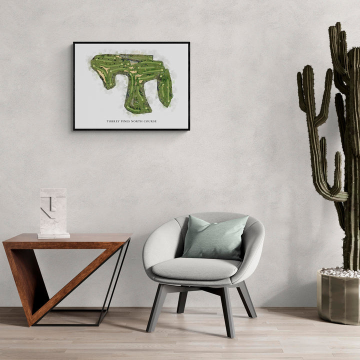 Classic Map of Torrey Pines North Course in a living room with large cactus plant