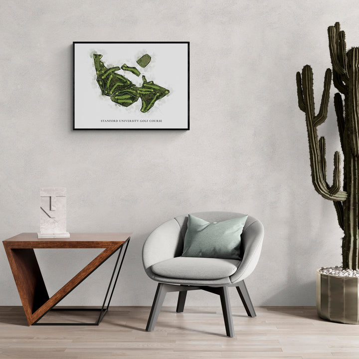 Classic Map of Stanford University Golf Course in a living room with large cactus plant