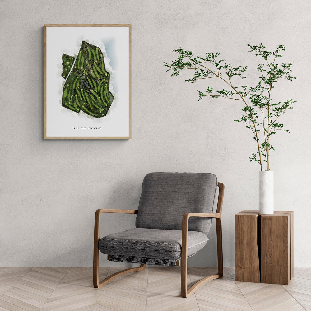 Classic Map of The Olympic Club with a comfy armchair and large plant