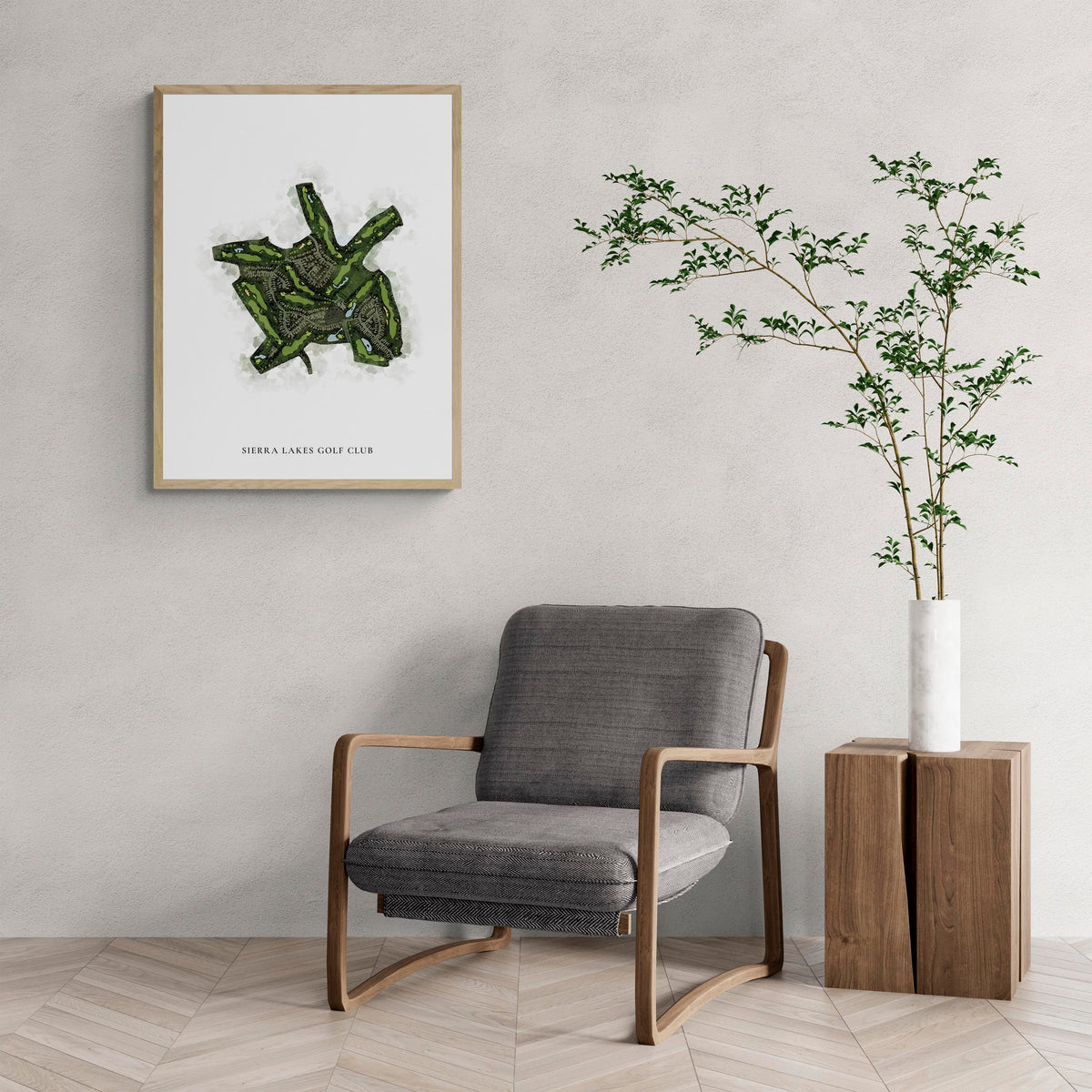 Classic Map of Sierra Lakes Golf Club with a comfy armchair and large plant