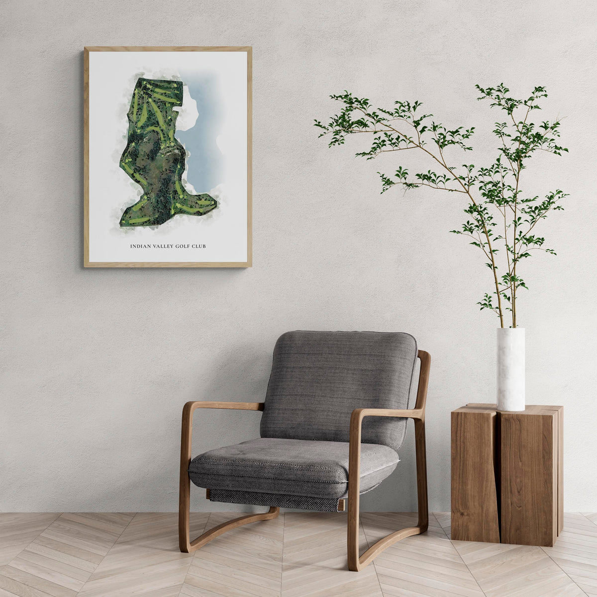 Classic Map of Indian Valley Golf Club with a comfy armchair and large plant