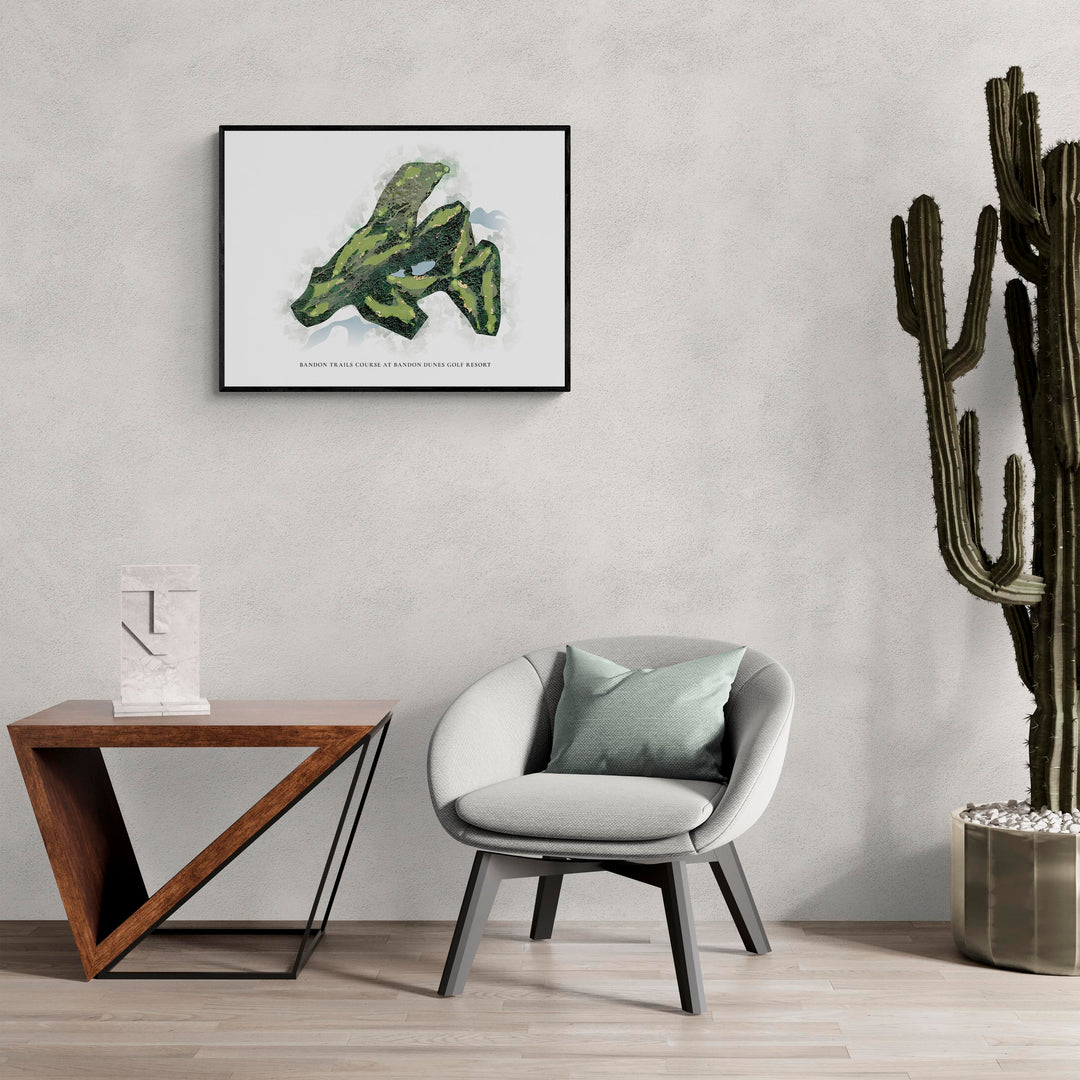 Classic Map of Bandon Trails Course At Bandon Dunes Golf Resort in a living room with large cactus plant