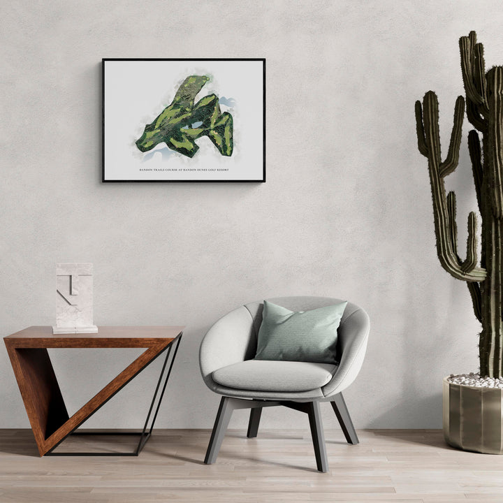 Classic Map of Bandon Trails Course At Bandon Dunes Golf Resort in a living room with large cactus plant