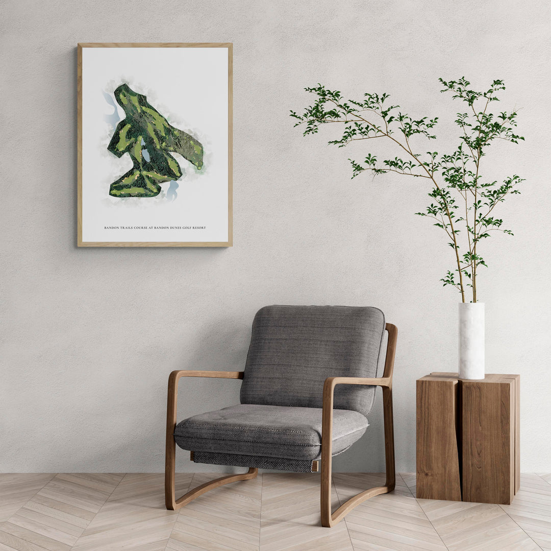 Classic Map of Bandon Trails Course At Bandon Dunes Golf Resort with a comfy armchair and large plant