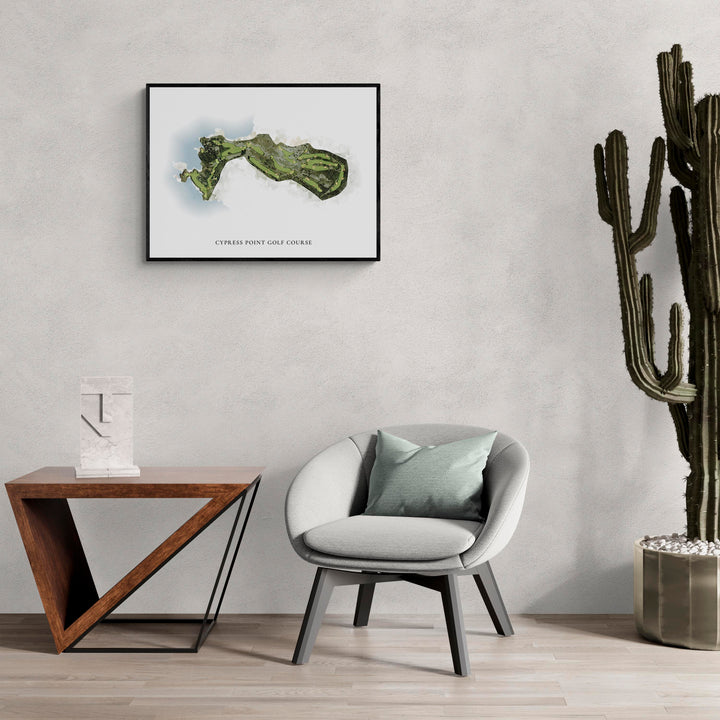 Classic Map of Cypress Point Golf Course in a living room with large cactus plant