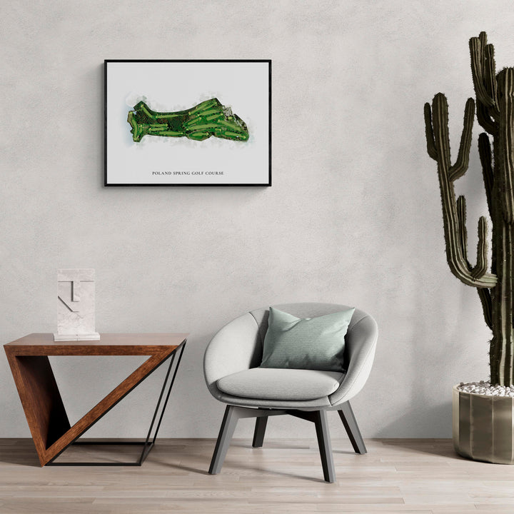 Classic Map of Poland Spring Golf Course in a living room with large cactus plant