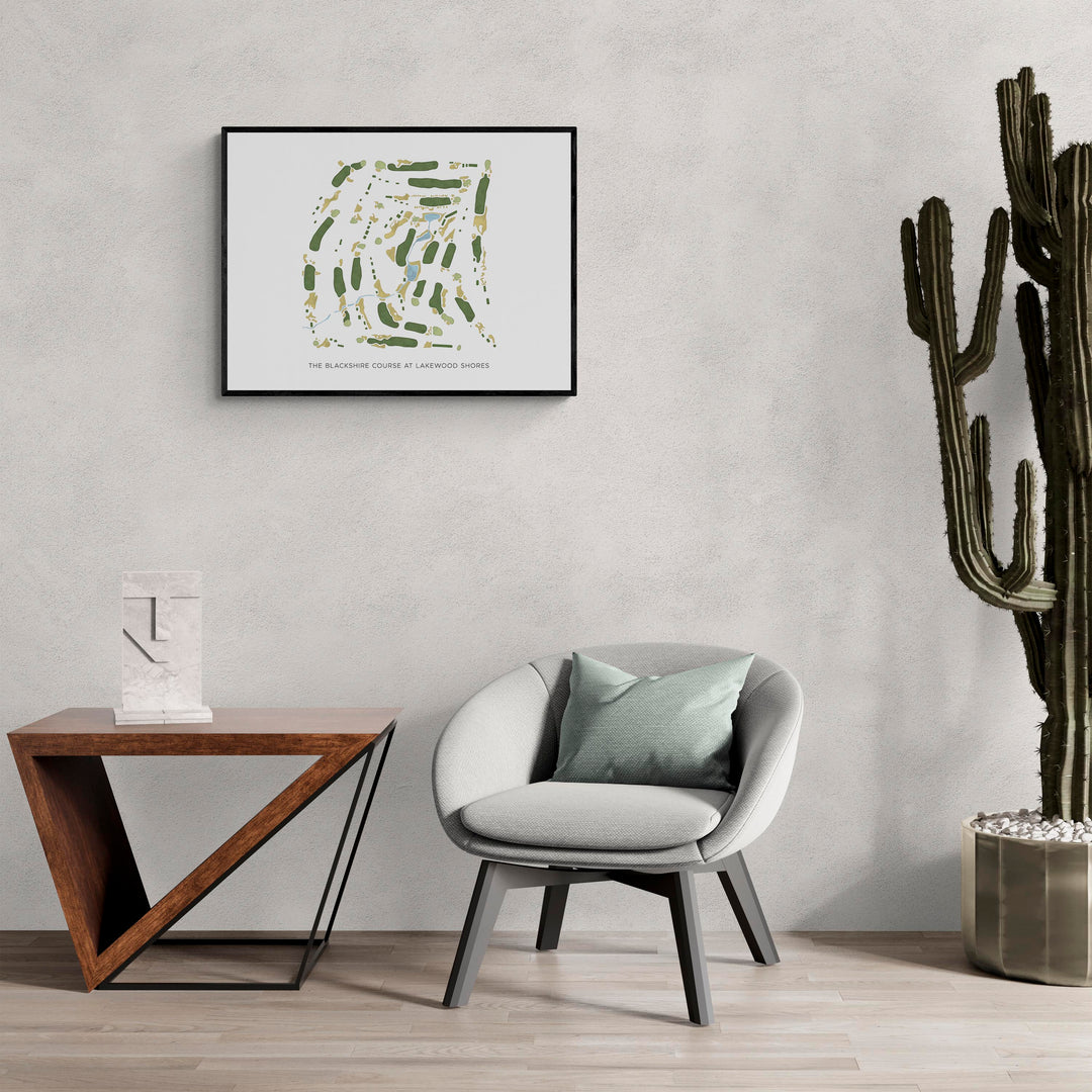 Modern Map of The Blackshire Course At Lakewood Shores in a living room with large cactus plant