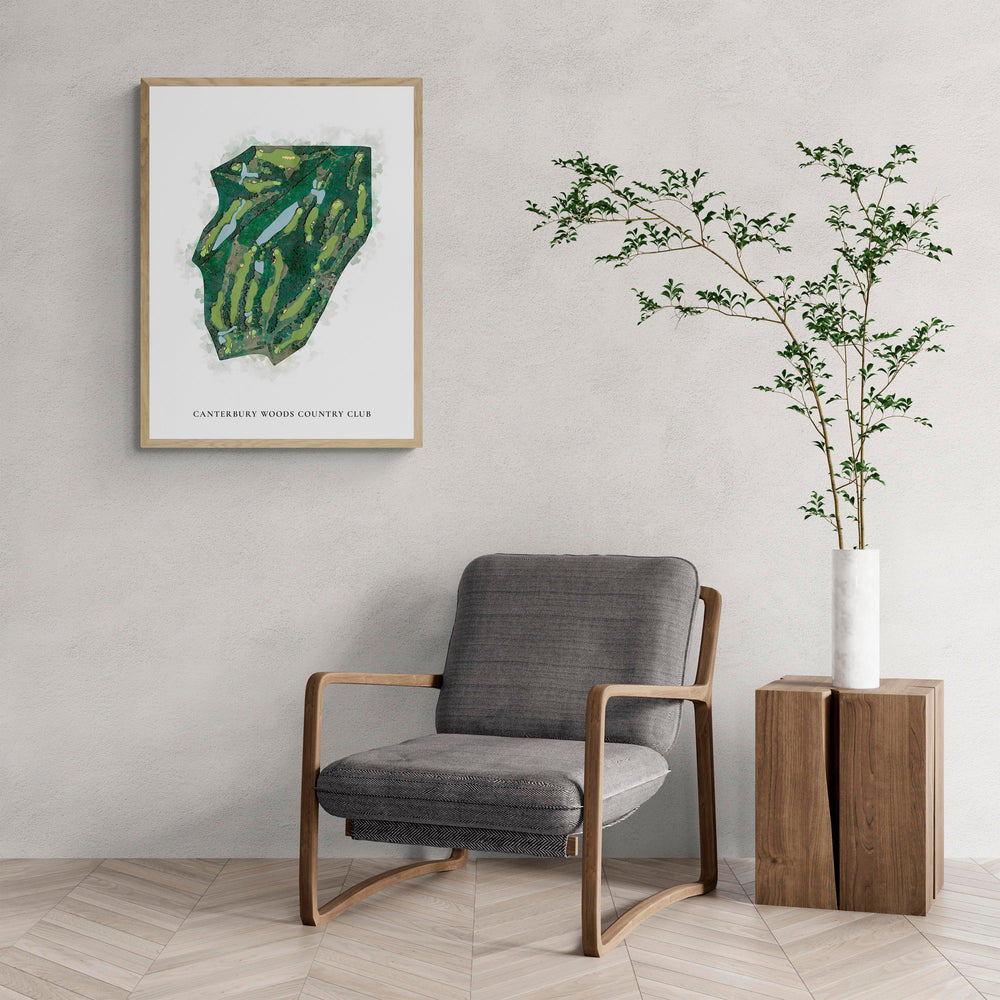 Classic Map of Canterbury Woods Country Club with a comfy armchair and large plant