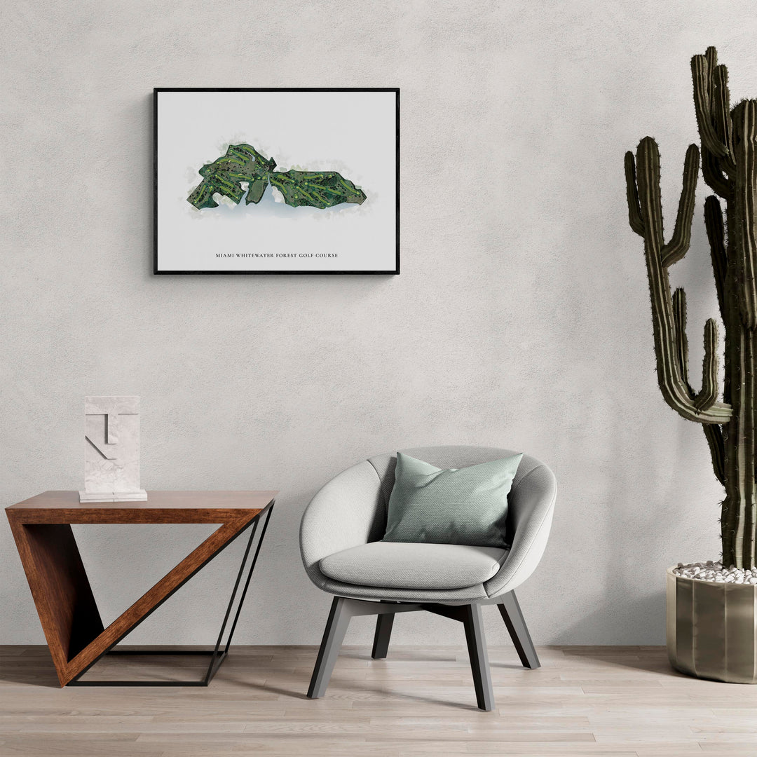 Classic Map of Miami Whitewater Forest Golf Course in a living room with large cactus plant