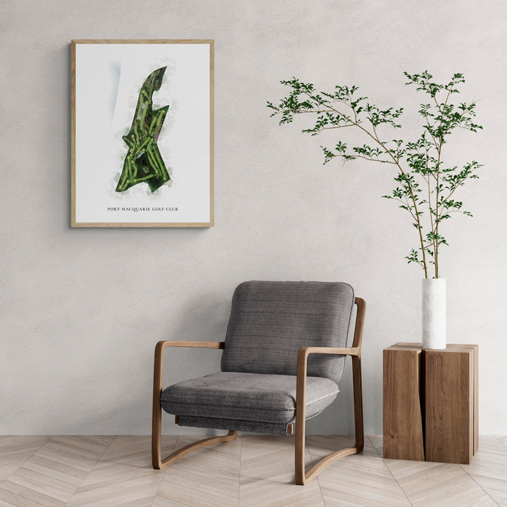 Classic Map of Port Macquarie Golf Club with a comfy armchair and large plant