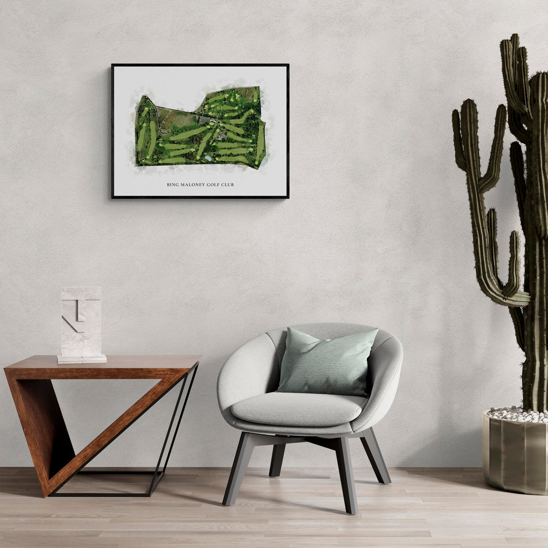 Classic Map of Bing Maloney Golf Club in a living room with large cactus plant