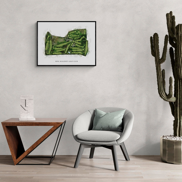 Classic Map of Bing Maloney Golf Club in a living room with large cactus plant
