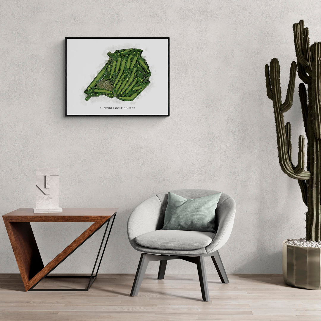 Classic Map of Suntides Golf Course in a living room with large cactus plant