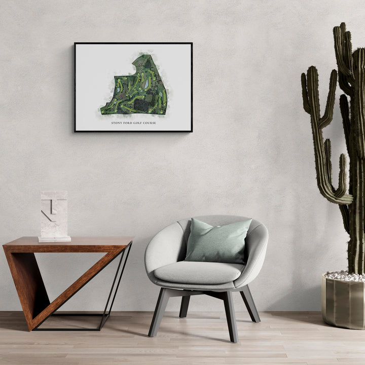 Classic Map of Stony Ford Golf Course in a living room with large cactus plant