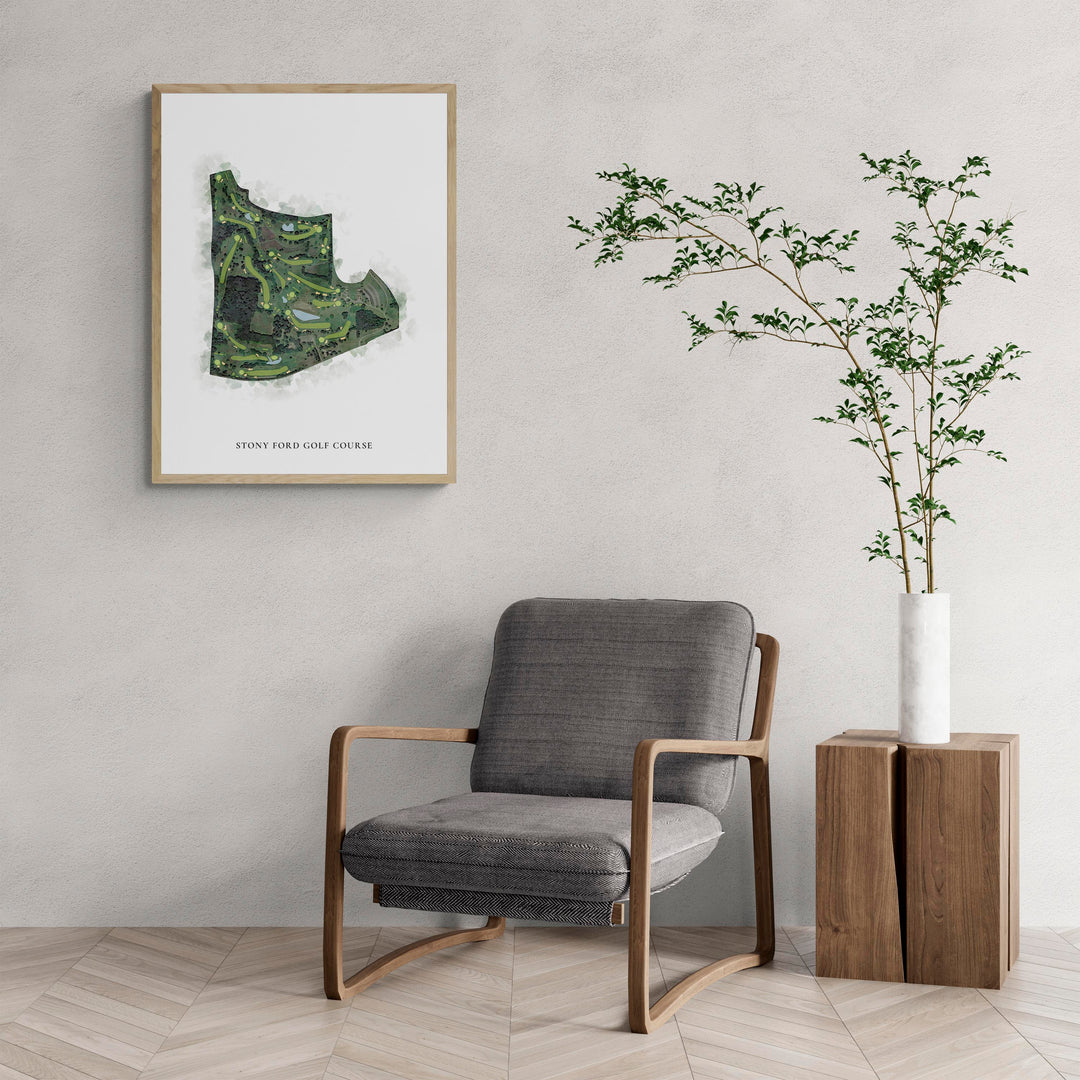 Classic Map of Stony Ford Golf Course with a comfy armchair and large plant